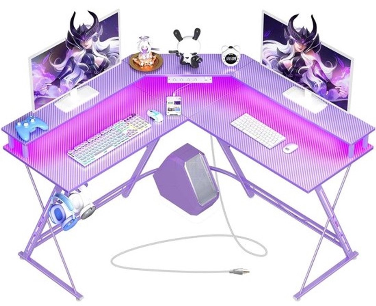 L-vormig Gamingbureau 50 inch met LED-verlichting en Stopcontacten