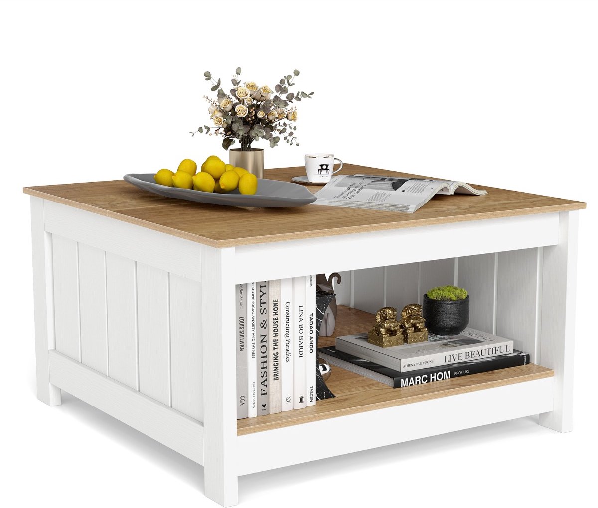 SureDeal® - Salontafel - 2-laags Houten Vierkante - Opbergruimte Naturel - Wit - 80x80x45 cm - Naturel