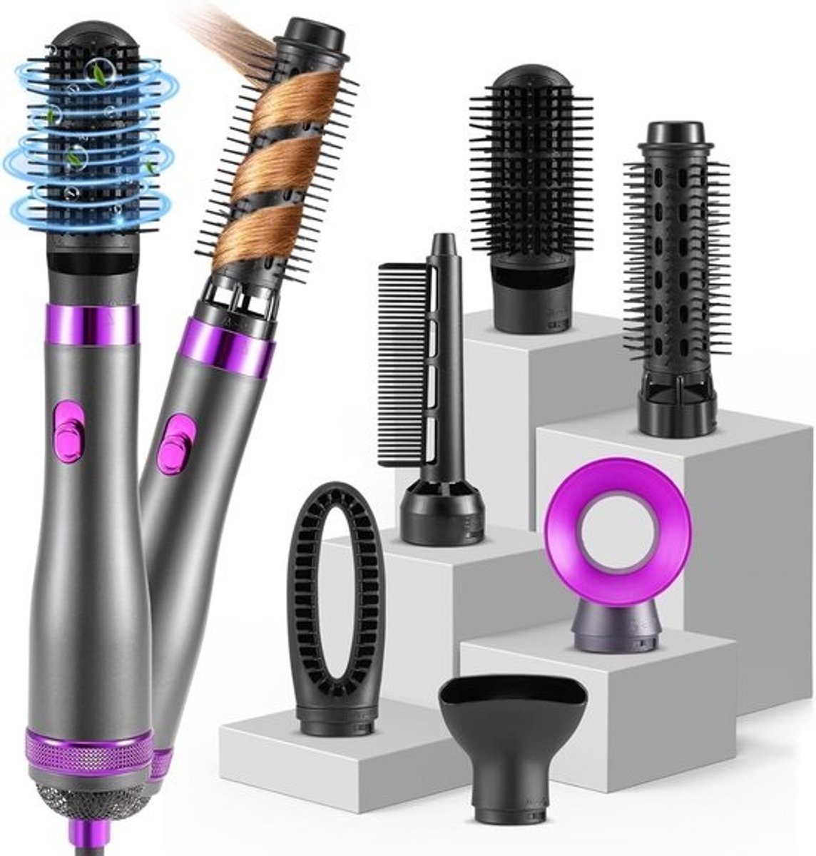 6-in-1 Haarstyler en Blazerborstel met 1000 W - Draagbare Haardrogerkam en Automatische Krultang