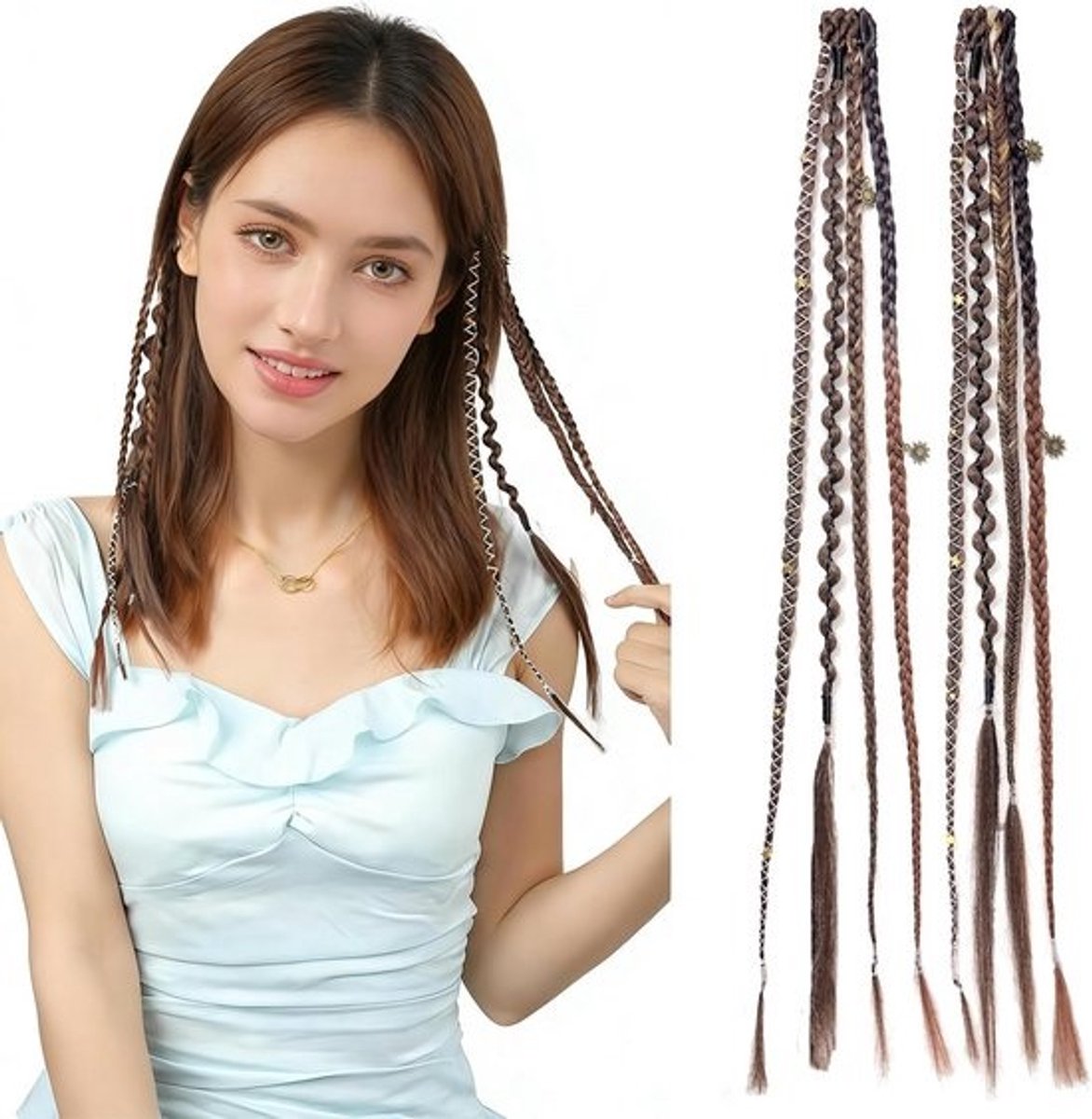 Clip-in Vlechten met Kralen 2 Stuks Bohemian Stijl Synthetisch Haarstuk 40 cm