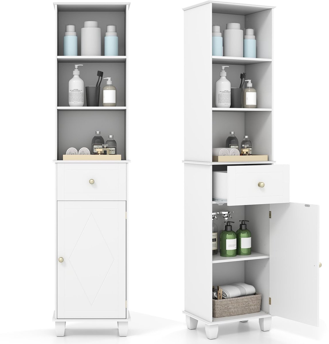 COSTWAY badkamermeubel smal, badkamermeubel hoge kast met 3 open planken, lade, deur & verstelbare plank, opbergkast hout voor badkamer, woonkamer & keuken, 40 x 30 x 172 cm
