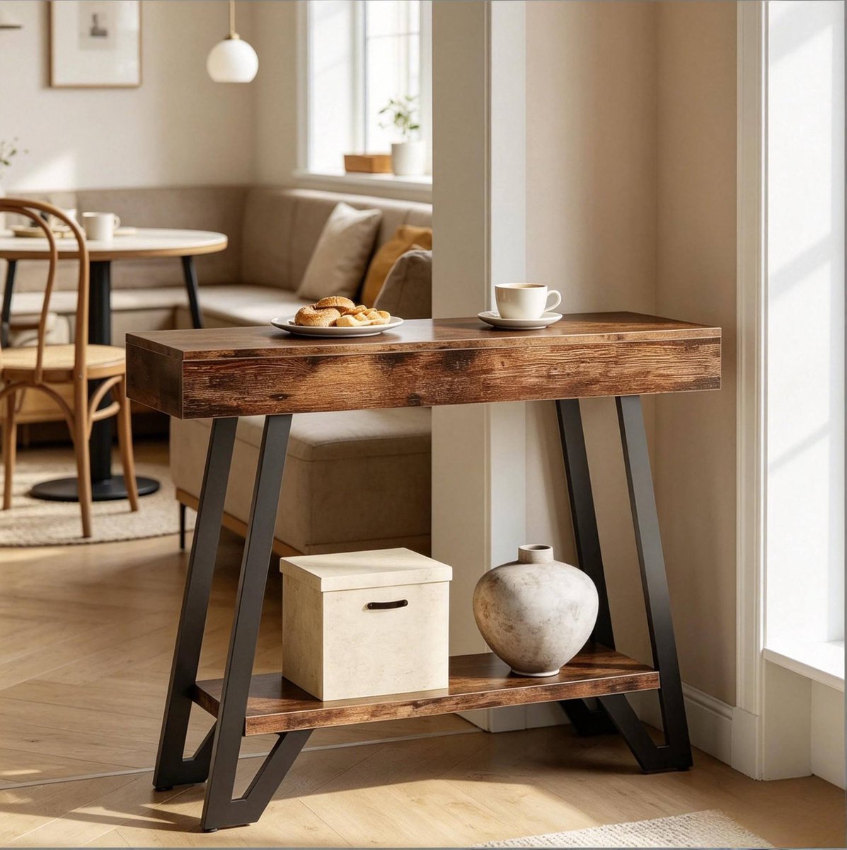 MODFU - Sidetable - 2 Niveaus - Industrieel - Woonkamer - MDF En Metaal - Zwart, Bruin