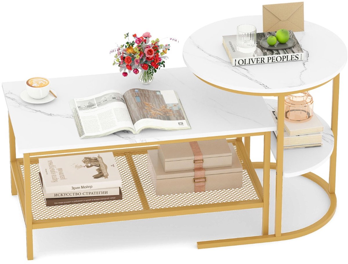 SureDeal® - Salontafel - Uitschuifbare Salontafels Uitschuifbare - Bank Woonkamer Slaapkamer - 80x46x41 cm - Wit+Goud