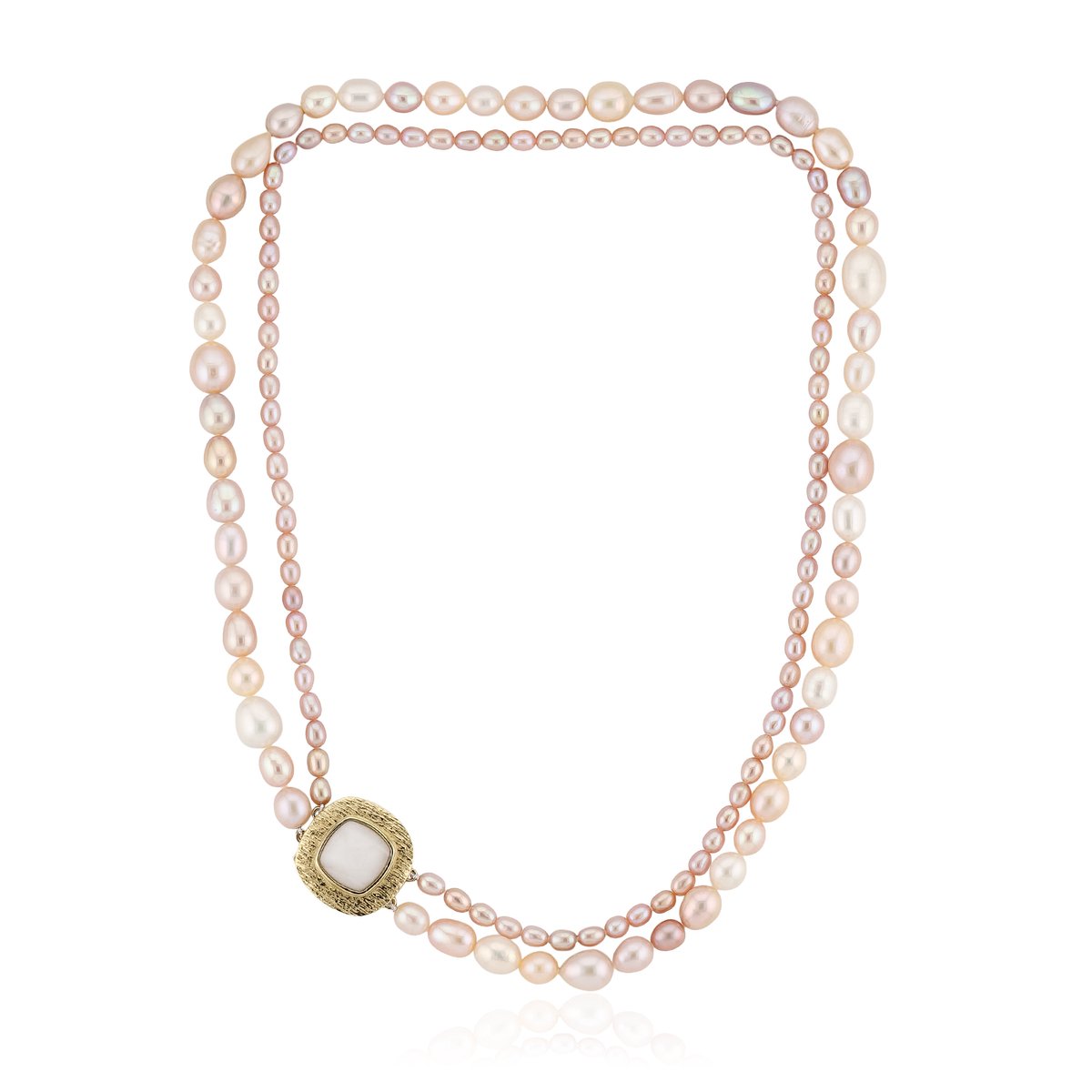 Cavill - Zilveren Halsketting 925 Sterling Zilver - 5,5 ct Witte Madagaskar Kwarts Kussencabochon - Dubbele Rij Roze & Witte Zoetwaterparels - Elegant