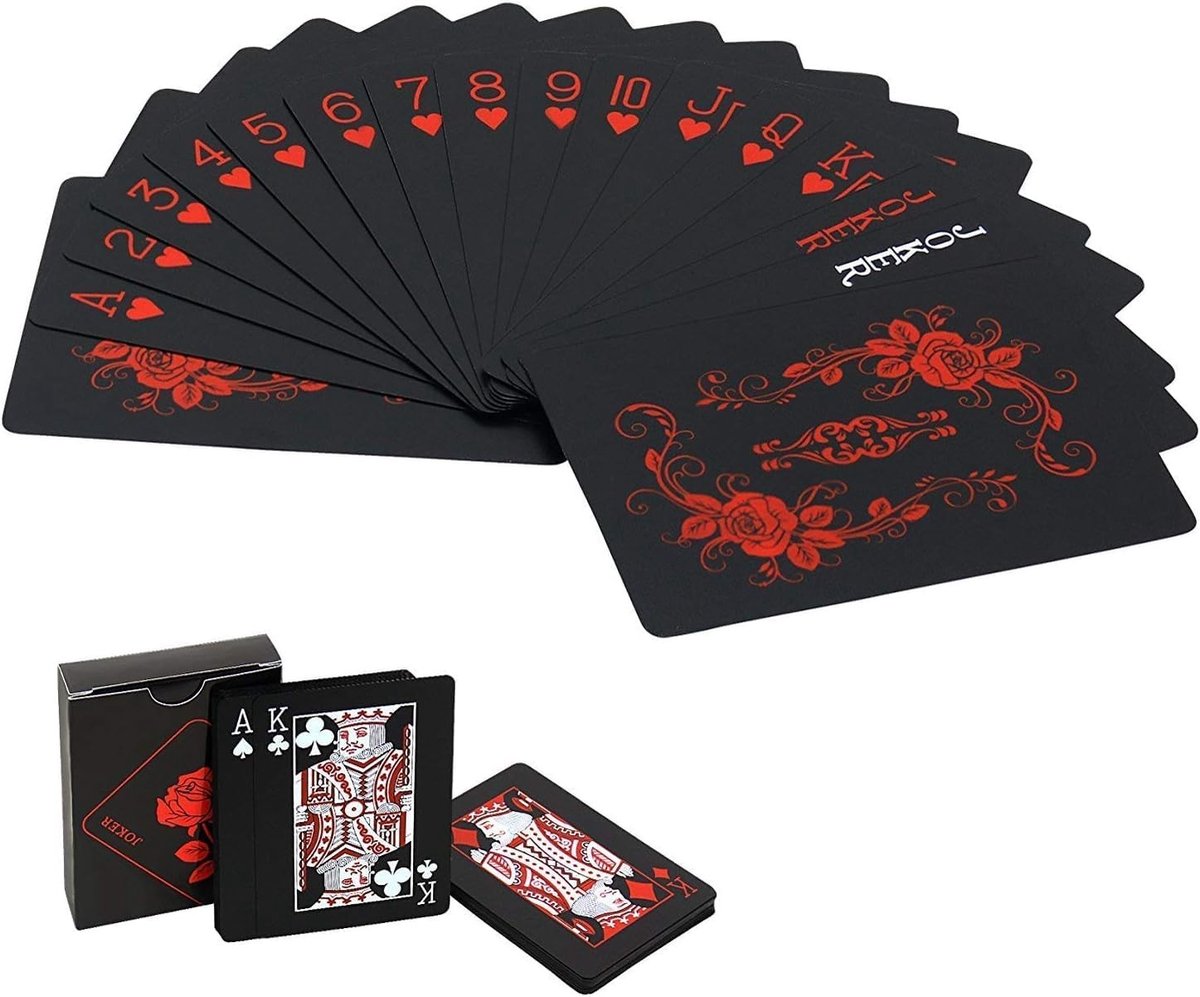 54 Stuks Poker Speelkaarten, Zwarte Kaartset met Rozenpatroon en Bloemenachterkant, Duurzame Waterdichte PVC Kaarten voor Magische Tricks en Spelletjes