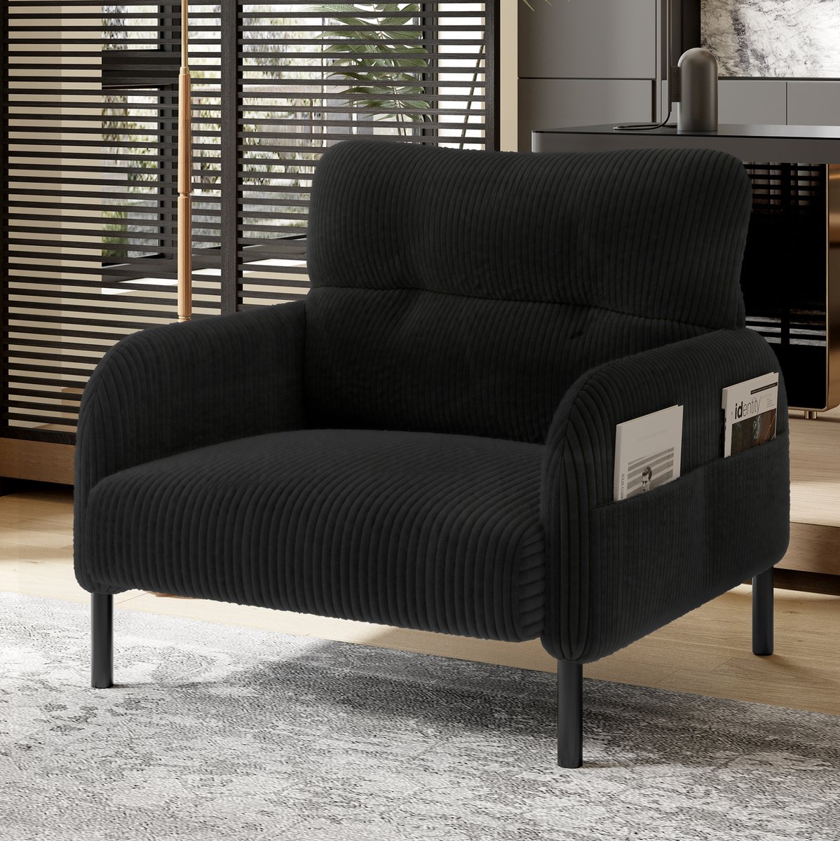 Wishdor Fauteuil - Comfortabele zitdiepte en armleuningen met zijvakken - Stevige metalen basis - Zwart corduroy - Woonkamer slaapkamer kantoor - 67 x 75 x 79 cm