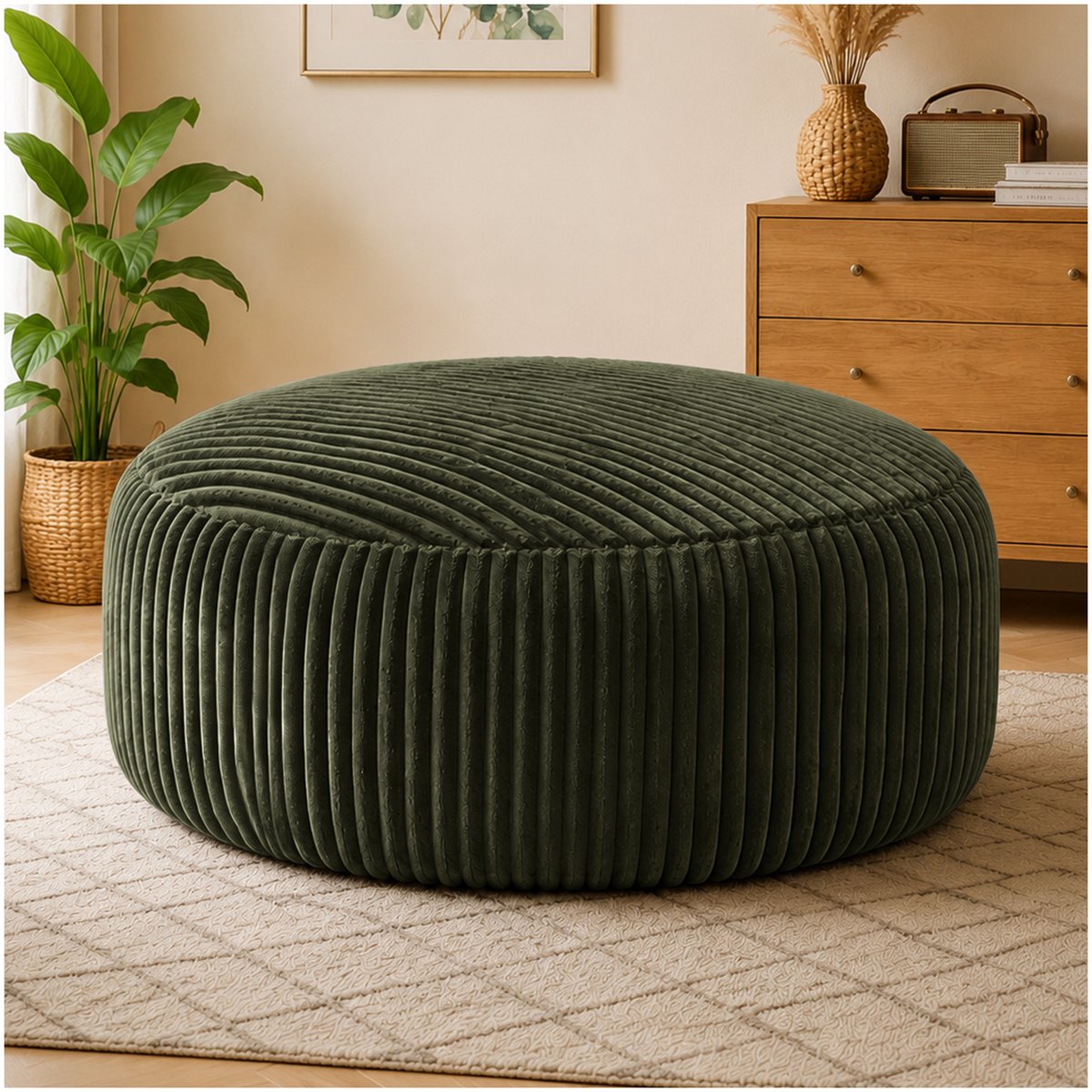 COVREO Zitzak 143x143x55 cm groen ribstof memory foam - ronde loungestoel voor binnen