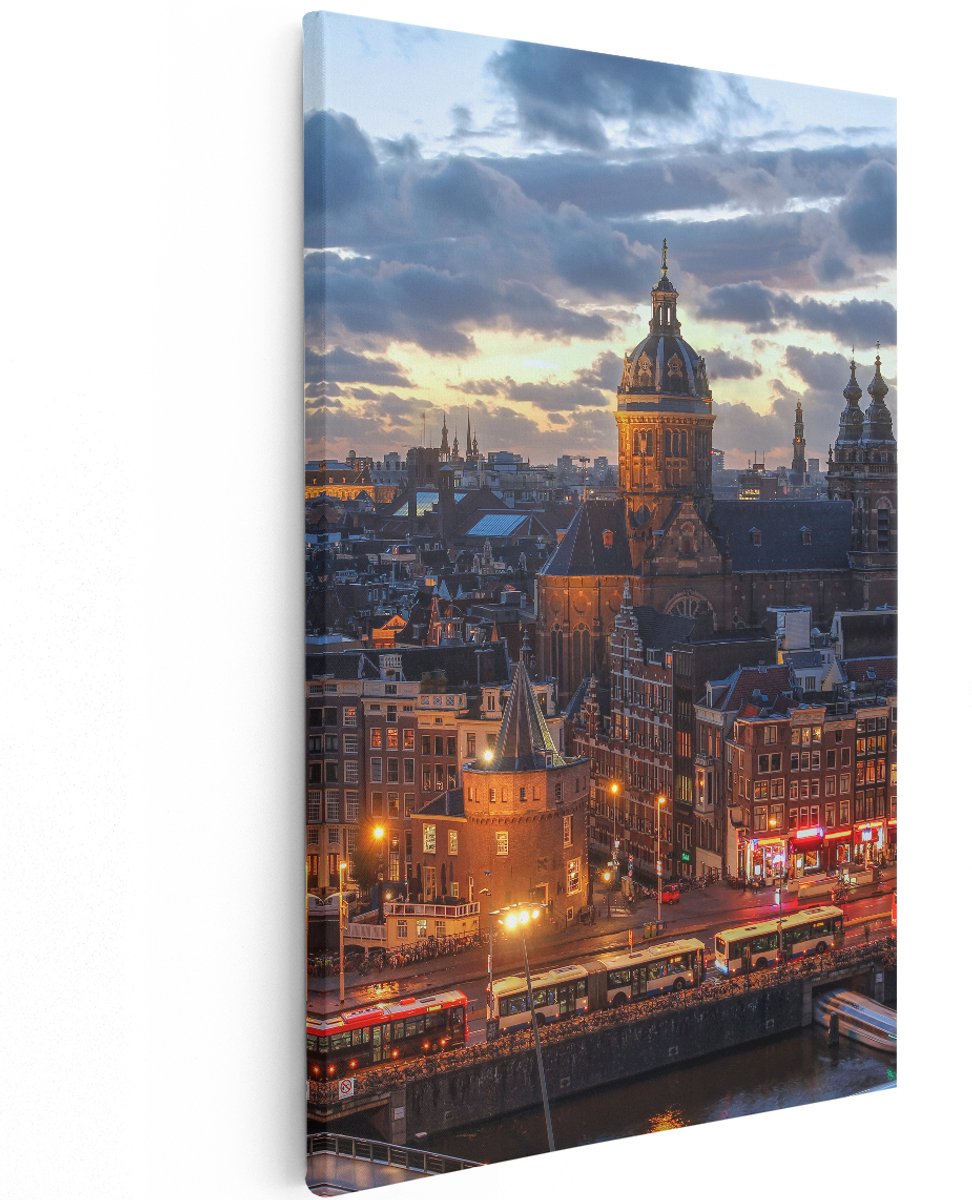 Artaza Canvas Schilderij Amsterdam Centrum Luchtfoto Zonsondergang - 120x180 cm - Groot - Wanddecoratie Woonkamer - Schilderijen - Muurdecoratie