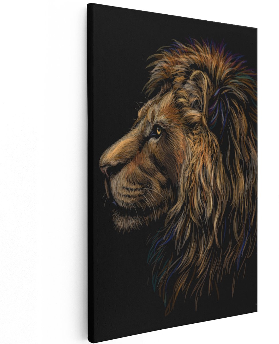 Artaza Canvas Schilderij Getekende Leeuw - Leeuwenkop - Kleur - 120x180 cm - Groot - Wanddecoratie Woonkamer - Schilderijen - Muurdecoratie