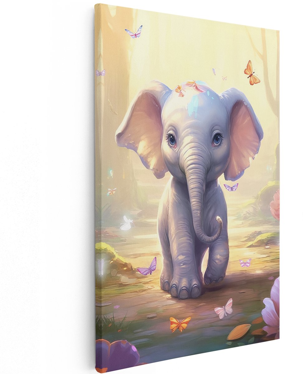 Artaza Canvas Schilderij Baby Olifant met Vlinders - 120x180 cm - Groot - Foto Op Canvas - Wanddecoratie Woonkamer