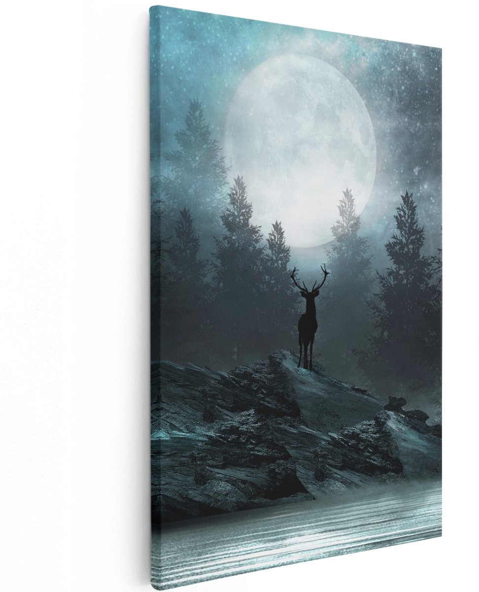 Artaza Canvas Schilderij Hert Op Een Rots Tijdens Volle Maan - 120x180 cm - Groot - Wanddecoratie Woonkamer - Schilderijen - Muurdecoratie