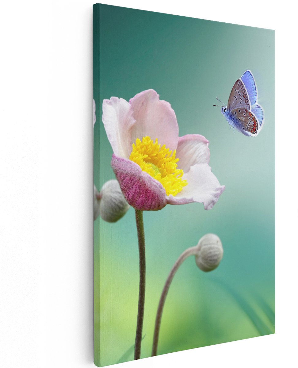 Artaza Canvas Schilderij Roze Anemoon Bloem Met Een Blauwe Vlinder - 120x180 cm - Groot - Wanddecoratie Woonkamer - Schilderijen - Muurdecoratie