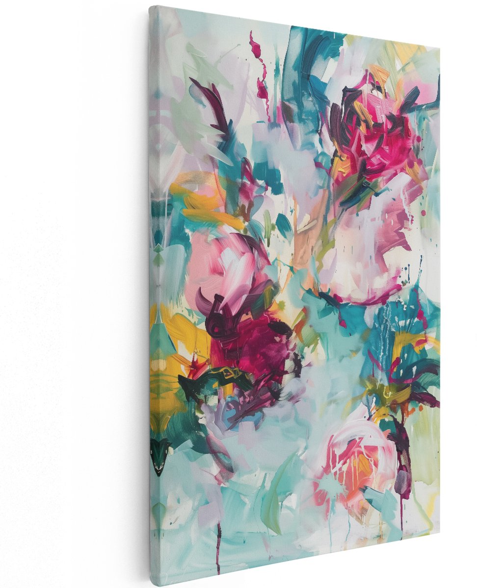 Artaza Canvas Schilderij Abstract Bloemen op een Blauwe Achtergrond - Bloemen - 120x180 cm - Groot - Wanddecoratie Woonkamer - Schilderijen - Muurdecoratie