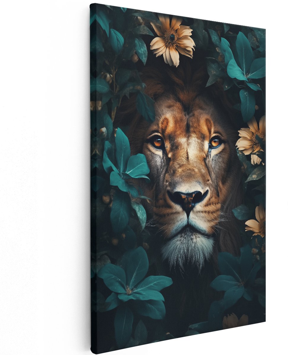 Artaza Canvas Schilderij Leeuw tussen de Bloemen - Dieren - 120x180 cm - Groot - Wanddecoratie Woonkamer - Schilderijen - Muurdecoratie