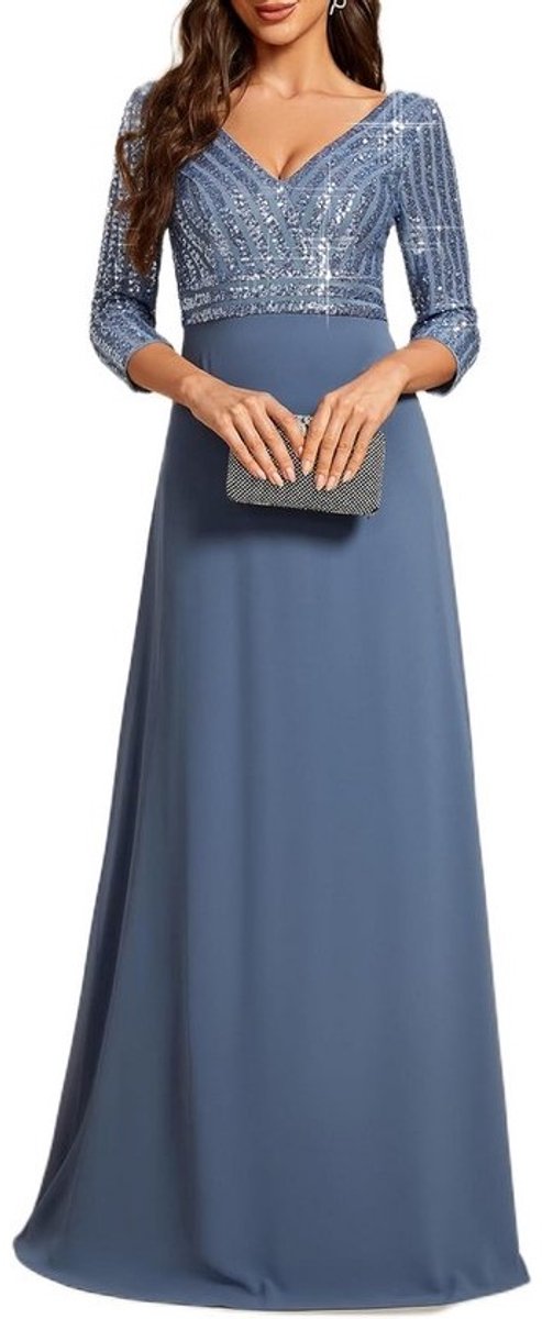 DIEPE V-HALS PAILLETTEN CHIFFON AVONDJURK MET HALF TRANSPARANTE M mouwen