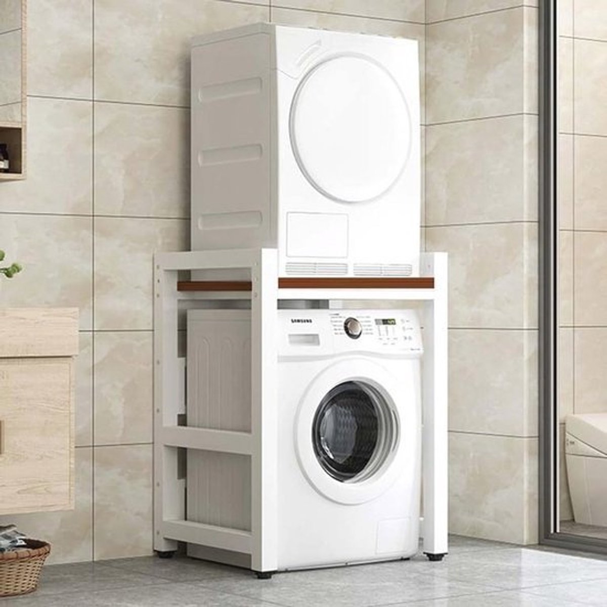 Opbergkast Wasmachine - Badkamer Organizer - Ruimte Besparen - Sterk Draagvermogen - 75 x 65 x 105cm - Wit Bruin