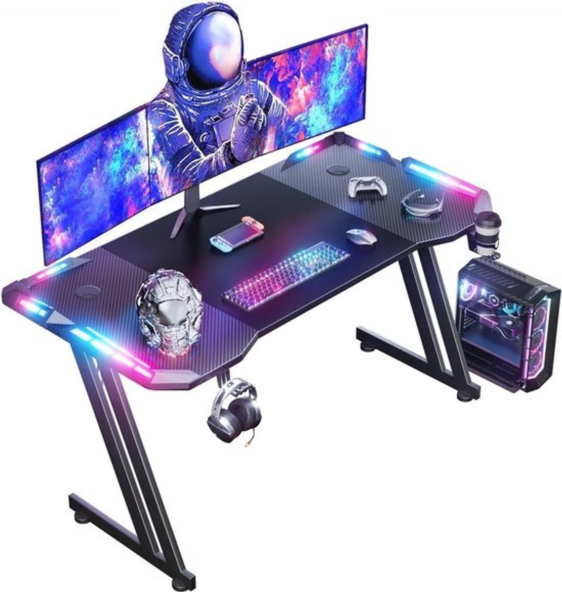 Gaming Bureau 120 x 60cm met LED Verlichting, Ergonomische Z-vormige Computertafel voor Studie en Spel, Inclusief Bekerhouder en Hoofdtelefoonhaak, Zwart