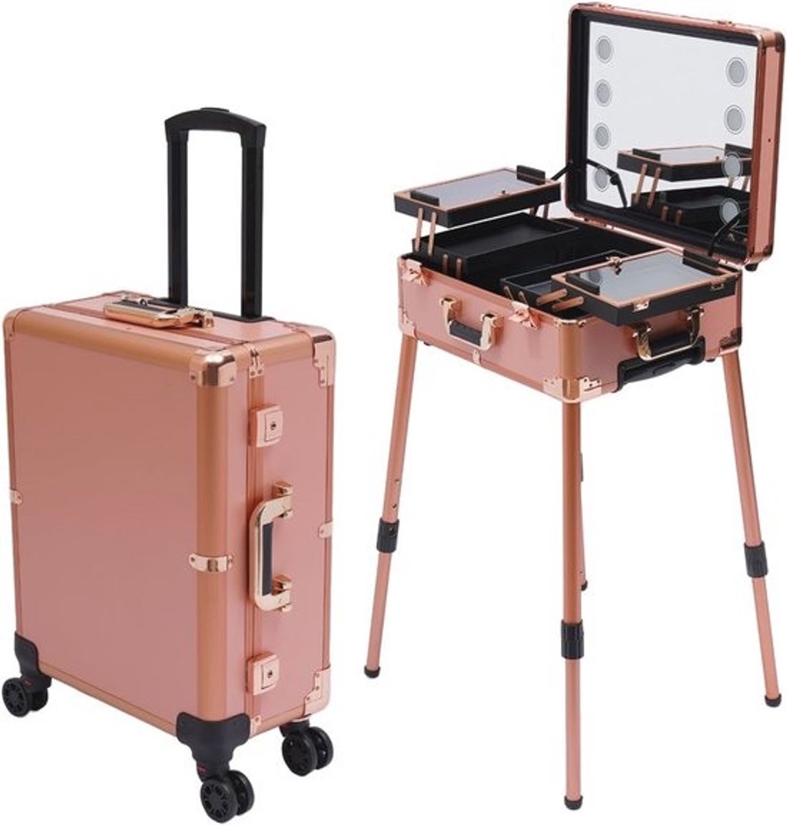 Roze make-upkoffer met verlichting en verstelbare poten - Professioneel cosmetisch station met wieltjes