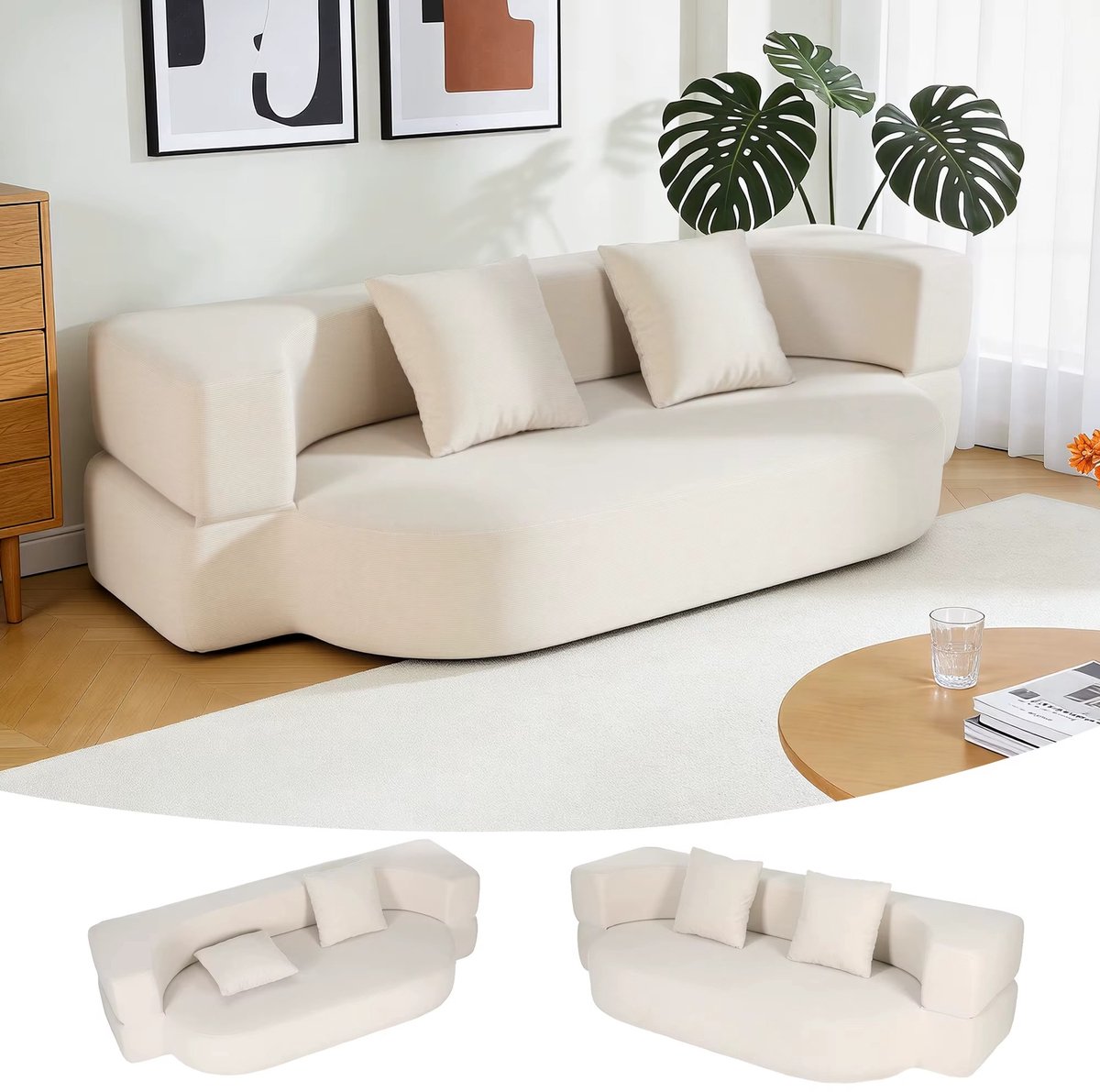 CreateEcom Slaapbank - Bedbank - Bank - Multifunctionele, opvouwbare frameloze slaapbank - omvormbare slaapbank - tweezitsbank met 2 kussens - geschikt voor woonkamers en slaapkamers - Beige