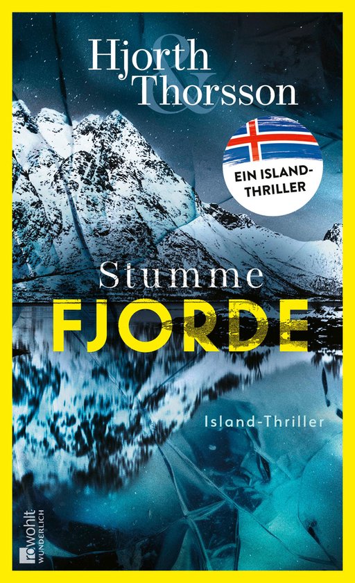 Couverture de livre avec des montagnes enneigées, un reflet dans l'eau et le texte "Stumme Fjorde".