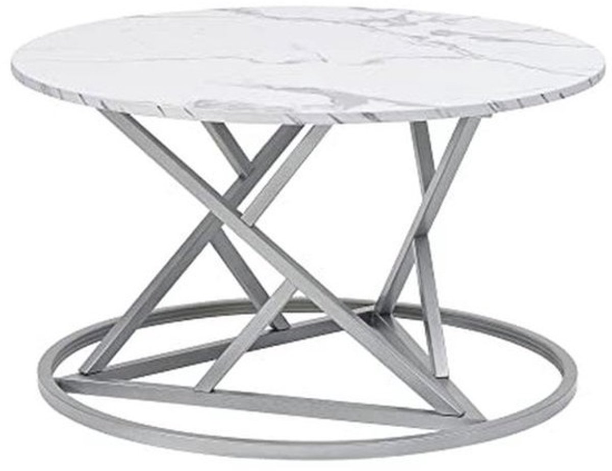 Ronde salontafel Wit Marmerlook met Zilver Frame - Moderne Bijzettafel voor Woonkamer
