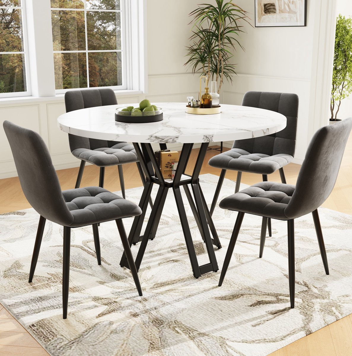 Wishdor Eettafelset met 4 stoelen - Rond ontwerp - Verstelbare tafelvoet - Modern - Keuken eetkamer - Bewerkt hout met metaal - Wit grijs zwart - 100 x 100 x 76 cm