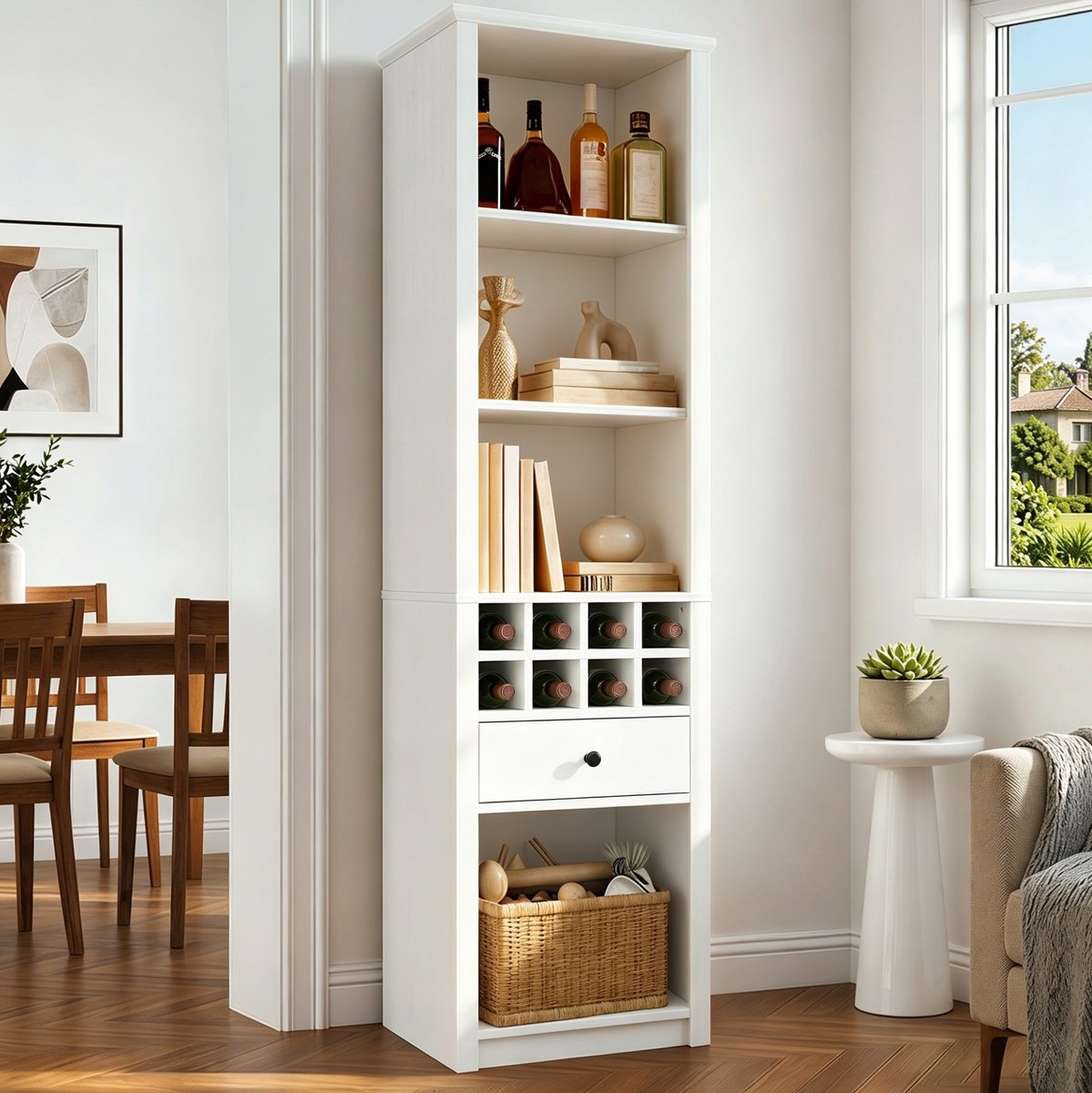 REDOM - Open wijn-/drankkast - Met 1 lade en 12 vakken - Open constructie - Inclusief LED verlichting - Modern - Woonkamer, keuken en kantoor - MDF - Wit - 55 x 40 x 200 cm