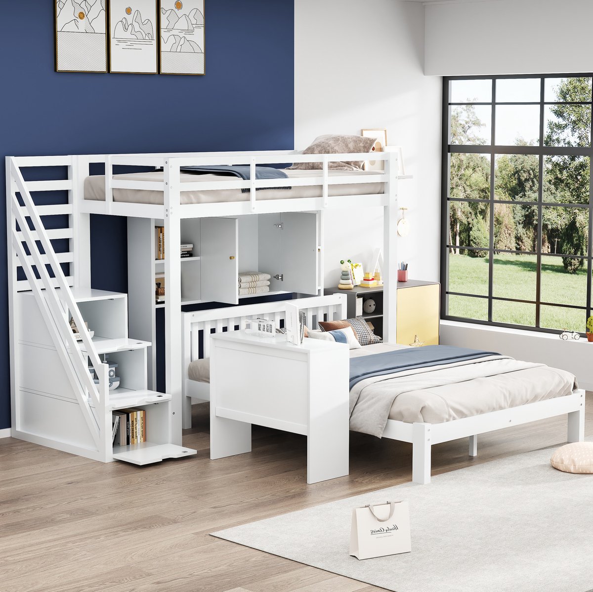 Wishdor Stapelbed 90x200 cm en 140x200 cm - Opbergrekken en opbergtrap - Met verplaatsbare bijzettafel en lattenbodem - Wit - Voor kinderen met ruimtebesparing
