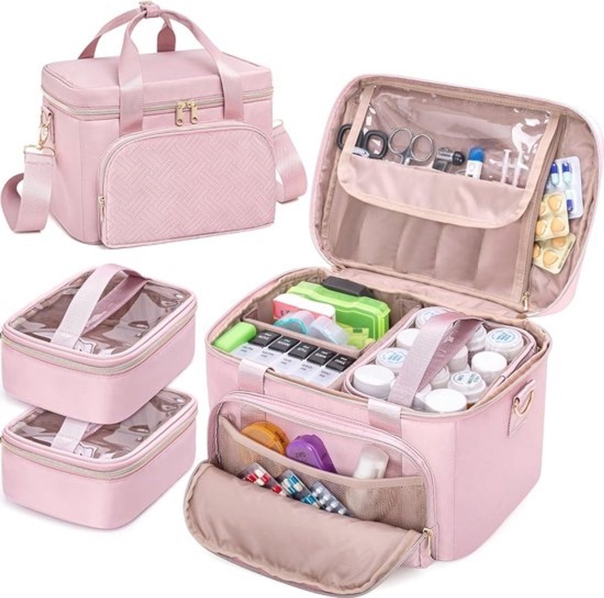 Prokva Medicijn Opbergtas met 2 Medische Zakken, Pill Bottle Organizer Bag Lege Eerste Hulp Zak voor Reizen, Thuiszorg, Roze (Alleen Lege Zak)