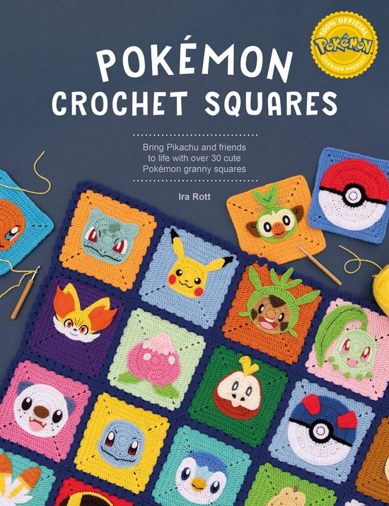 Boek 'Pokémon Crochet Squares' met gehaakte vierkanten van populaire Pokémon zoals Pikachu, Bulbasaur en Pokeballs.