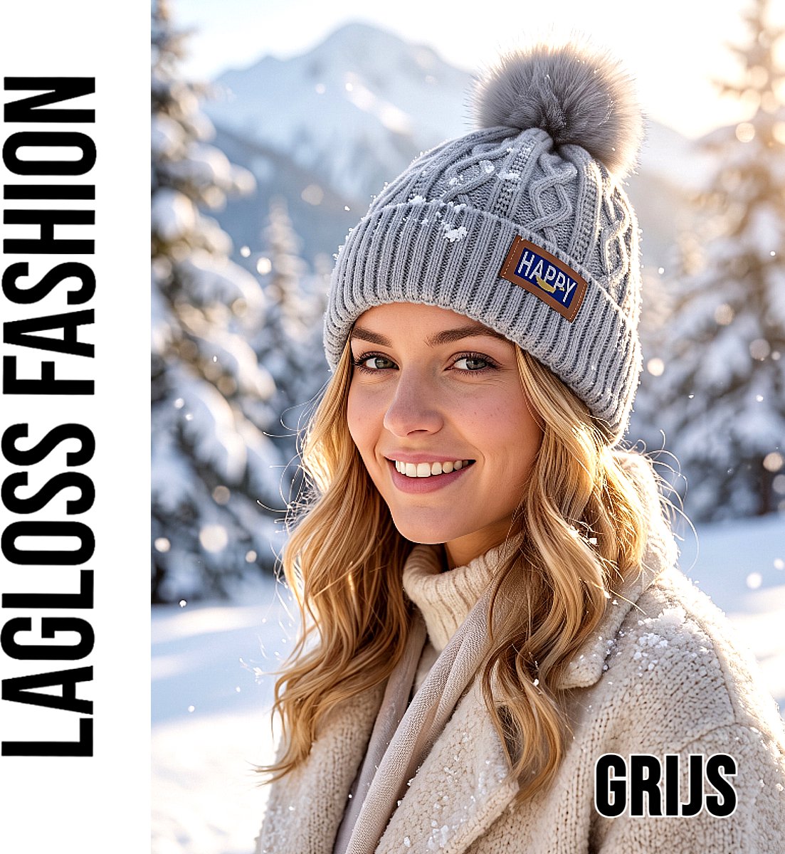 LaGloss® Wintermuts Grijs – Gebreide Beanie met Nep Pompom & Happy Patch – Warme Skimuts voor Dames