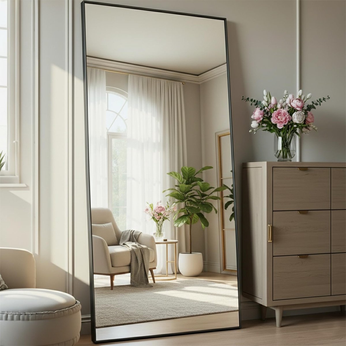 Famanu Volledige staande spiegel van 180 x 80 cm, grote vloerspiegel om tegen te leunen of op te hangen, rechthoekige HD-spiegel voor kleedkamer en slaapkamer, zwart
