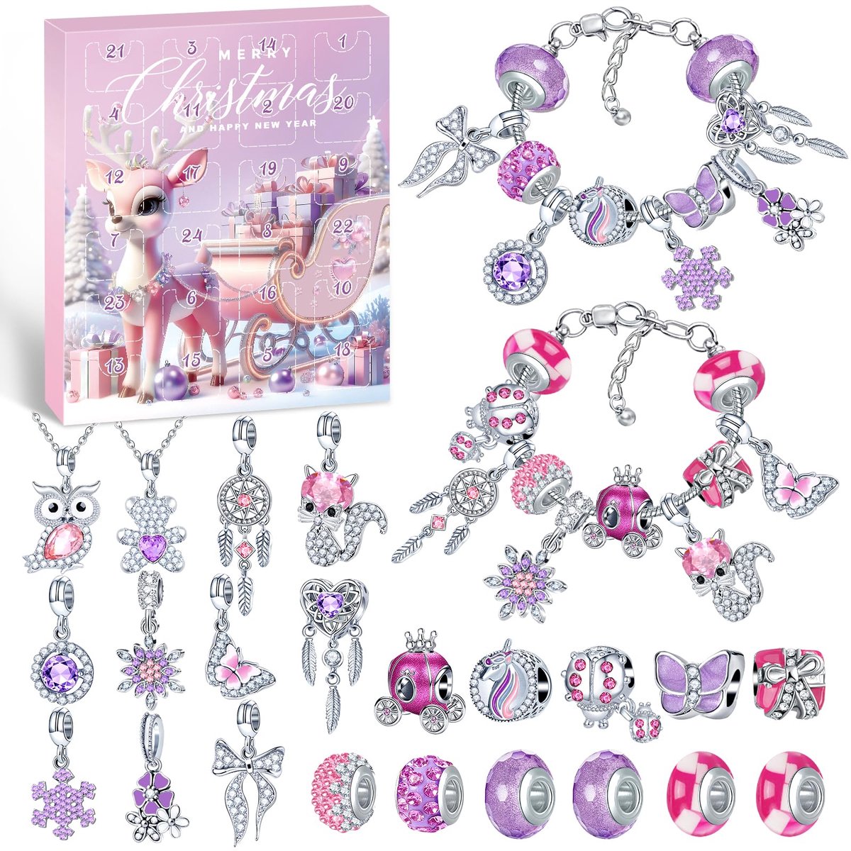 Famanu – Adventskalender voor meisjes, kerstkalender met armband, ketting en bedeltjes, 24 gevulde sieraden voor kinderen en tieners