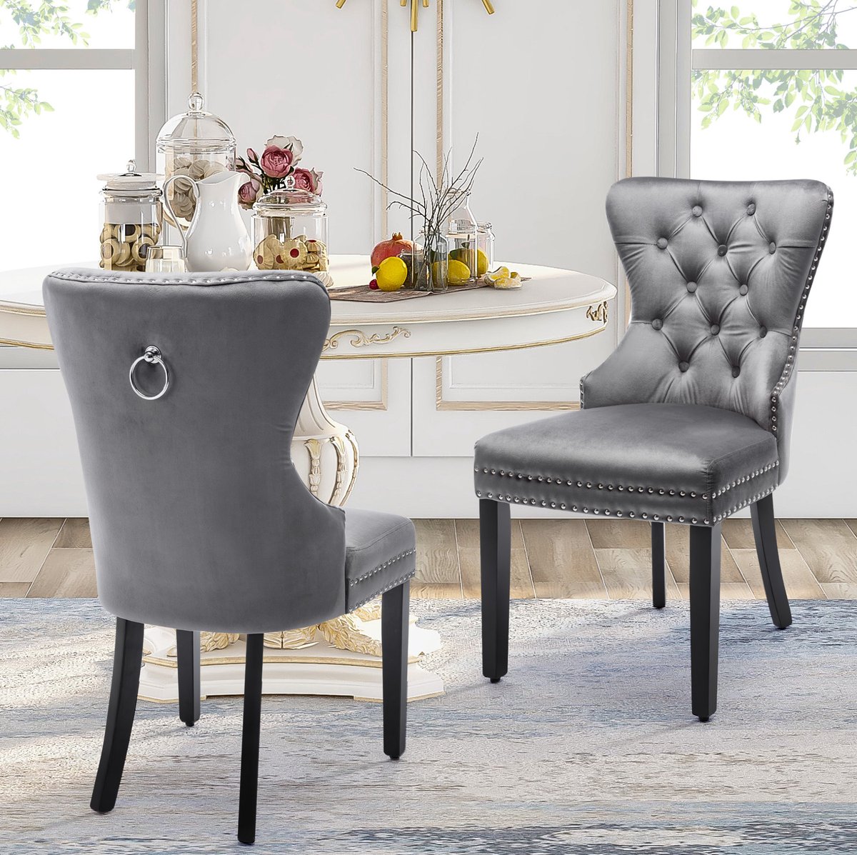 Wishdor Eetkamerstoel - Fluwelen 6-delige set - Knopen en chromen ring - Nagelkopbeslag - Houten poten - Woonkamer slaapkamer eetkamer - Grijs - 51 x 51 x 97 cm