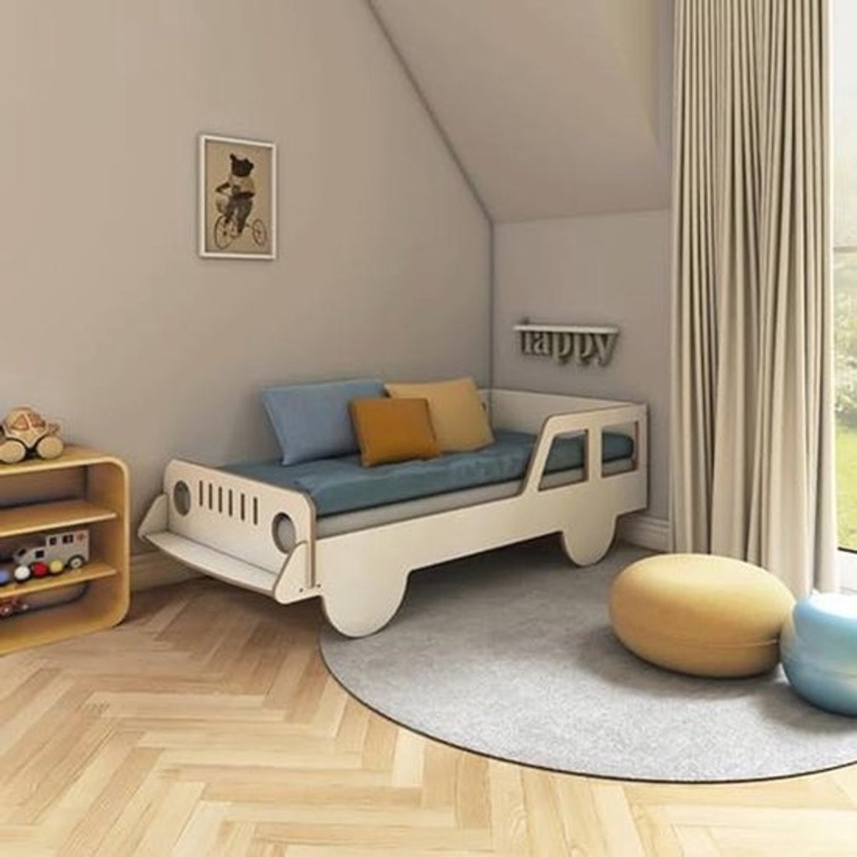Kinderbed Jeep - Autobedje Jongen Meisje - Veilige Slaapplek - Montessori Concept - 70x140 cm - Wit