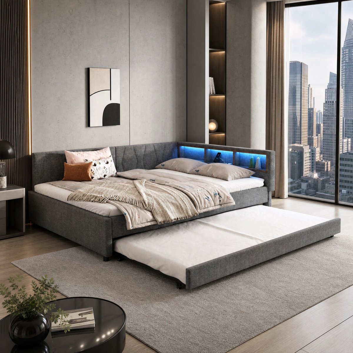 Wishdor Slaapbank 140x200 cm - Uitklapbaar bed met opbergruimte en usb-c - Met ledverlichting en lattenbodem - Scandinavisch - Woonkamer slaapkamer - Stof - Grijs