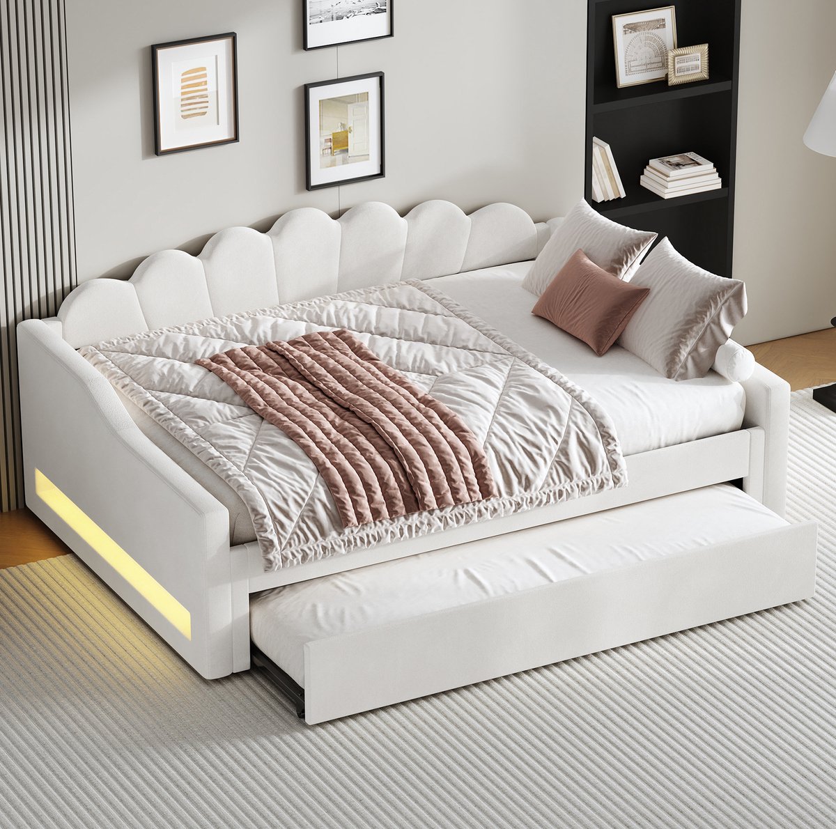 Wishdor Bedbank 140 x 200 cm - Gevoerd en met uitziehbed - LED-verlichting aan beide zijden - Scandinavisch design - Slaapkamer volwassenen - MDF stof beige - 212 x 148,5 x 84 cm