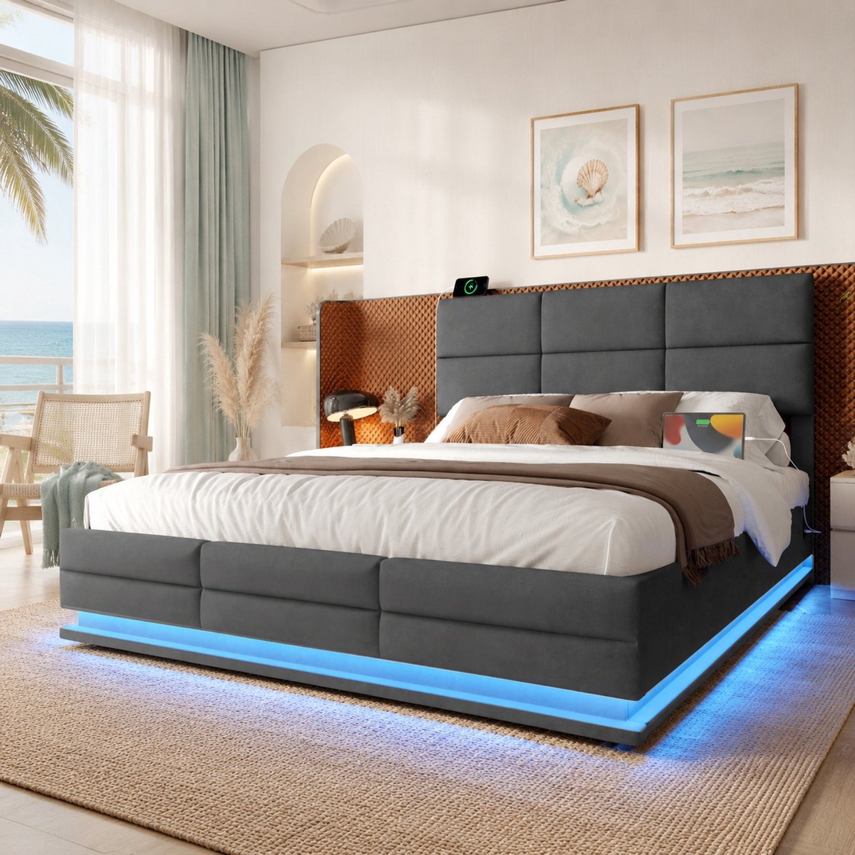 Wishdor Tweepersoonsbed 180x200 cm - Verstelbaar hoofdeinde - USB en LED-verlichting - Hydraulische opbergruimte - Modern bedframe slaapkamer - Stof - Donkergrijs