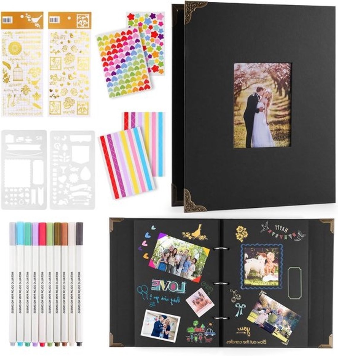 Zelf ontwerpbinding Fotoalbum - Zwart Scrapbook voor 160 Foto's, inclusief Metallic Kleurmarkers