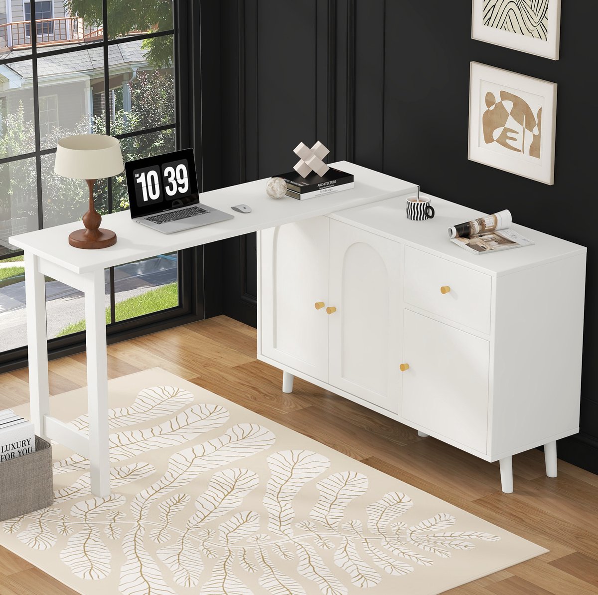 Wishdor Schrijftafel en sideboard - 360° draaibaar - 2-in-1 met 3 deuren en 1 lade - Frans design - Woonkamer kantoor slaapkamer - Bewerkt hout wit - 120 x 40 x 74,5 cm