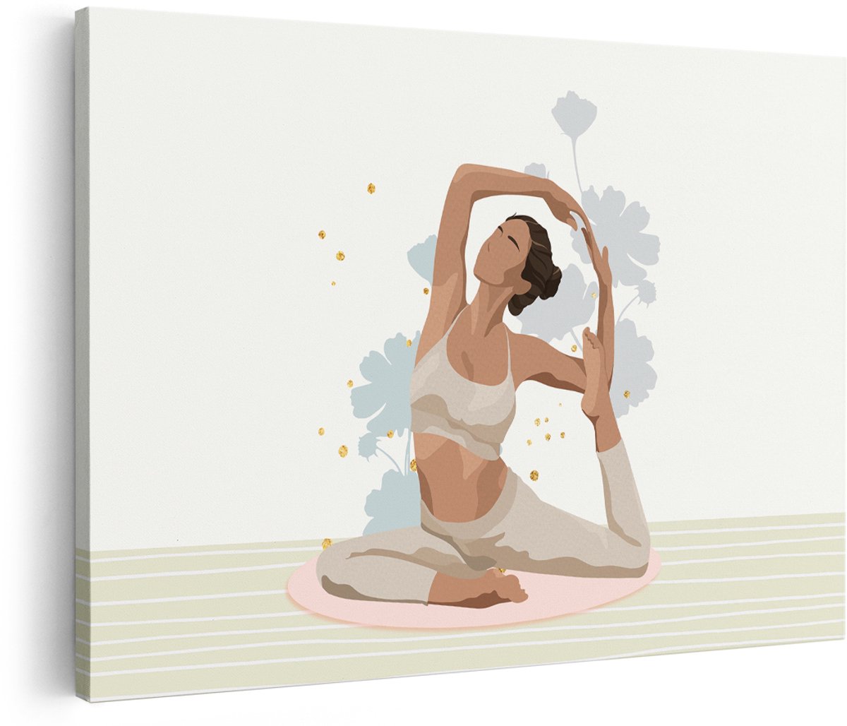 Artaza Canvas Schilderij Yoga Vrouw - 180x120 cm - Groot - Wanddecoratie Boho - Muurdecoratie Bloemen - Schilderijen Op Canvas Goud