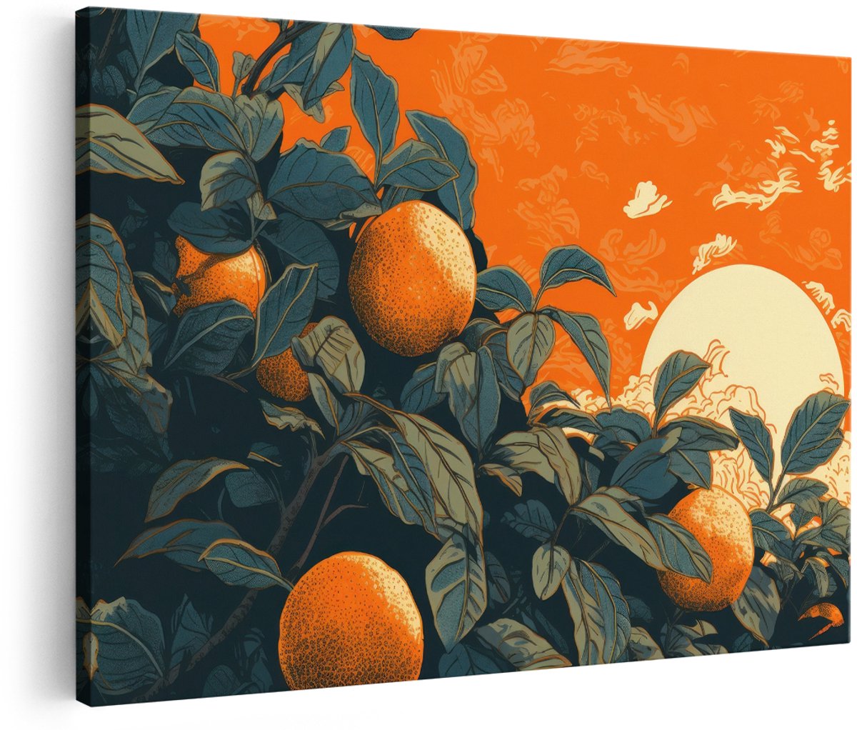 Artaza Canvas Schilderij Sinaasappels - 180x120 cm - Groot - Wanddecoratie Japandi - Muurdecoratie Zonsondergang - Decoratie Fruit Boom - Oranje