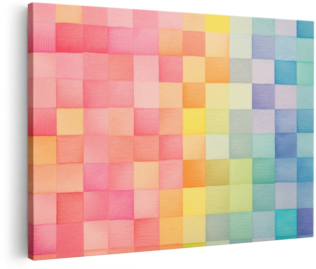 Artaza Canvas Schilderij Abstract - 180x120 cm - Groot - Wanddecoratie Regenboog - Muurdecoratie Kleurrijk - Decoratie Vierkanten - Schilderijen Op Canvas