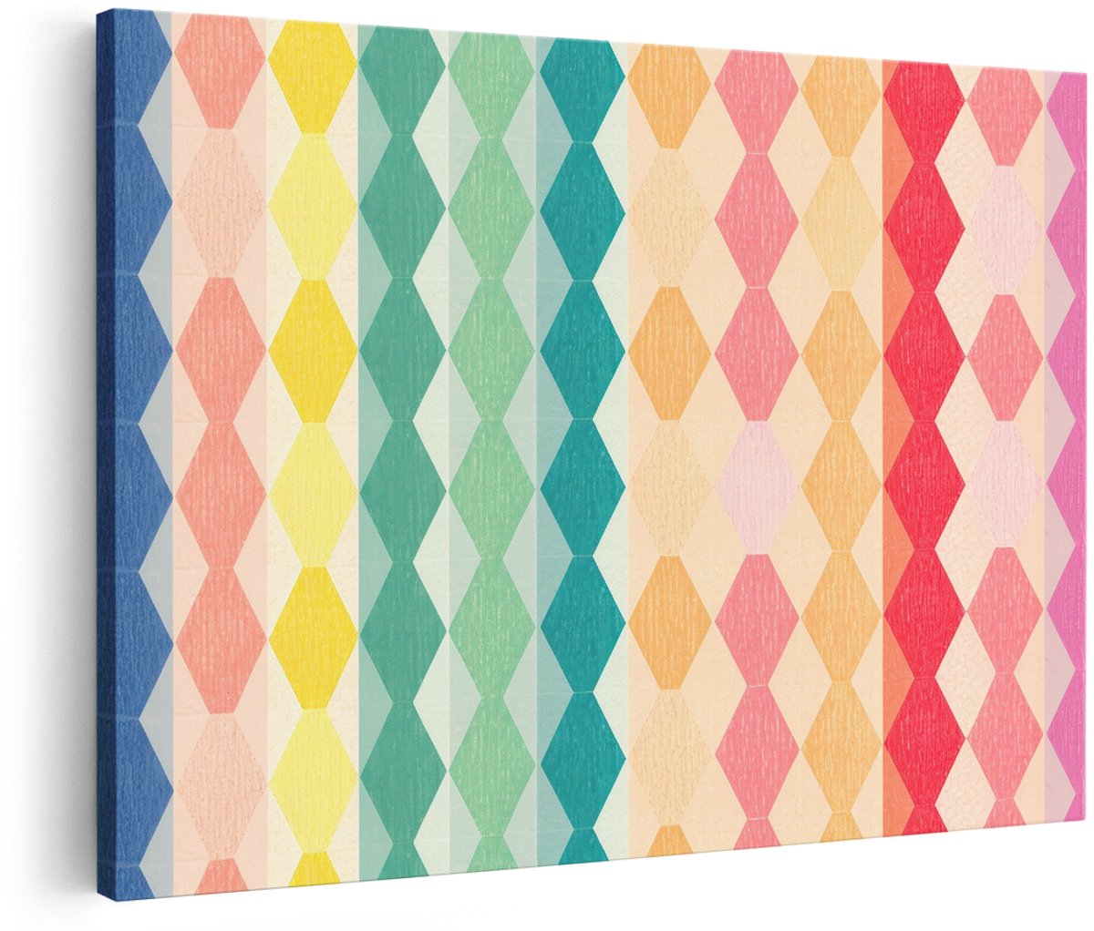 Artaza Canvas Schilderij Abstract - 180x120 cm - Groot - Wanddecoratie Geometrisch Patroon - Muurdecoratie Kleurrijk - Decoratie Retro Diamantvormen