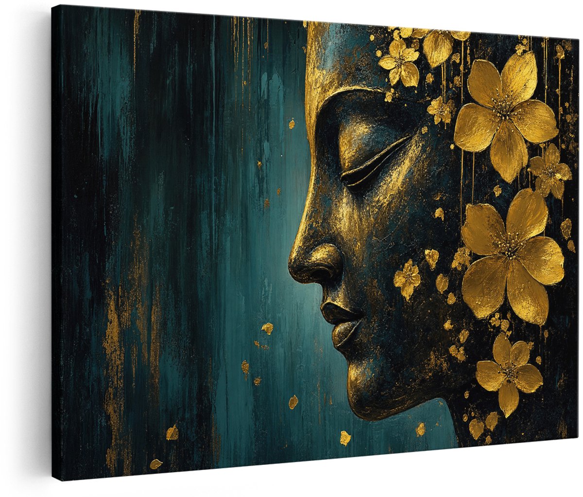 Artaza Canvas Schilderij Gouden Boeddha Portret - Abstract Kunst - Donkergroen En Goud - 180x120 cm - Groot - Wanddecoratie Woonkamer - Schilderijen - Muurdecoratie