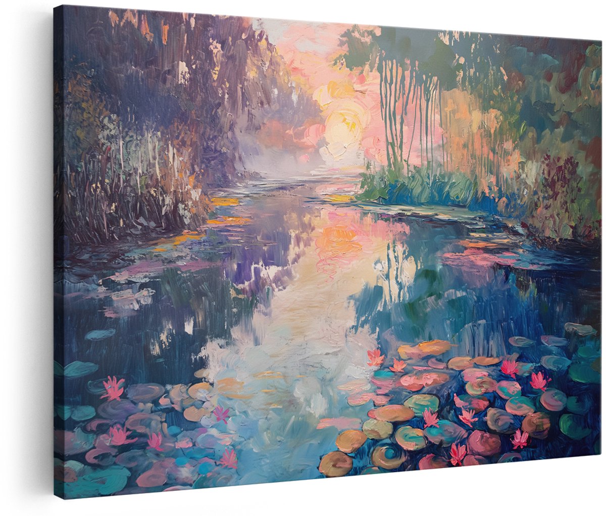 Artaza Canvas Schilderij Monet Waterlelies - 180x120 cm - Groot - Wanddecoratie Vijver Zonsopgang - Muurdecoratie Natuur - Decoratie Landschap Impressionisme