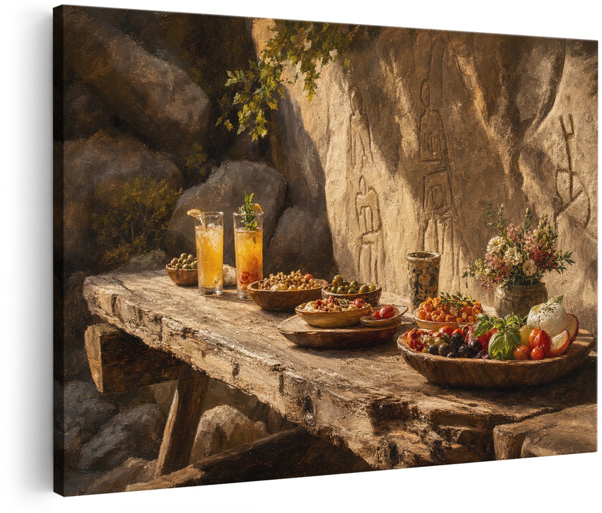 Artaza Canvas Schilderij Rustieke Tafel Met Eten - Warm Industrieel Interieur - 180x120 cm - Groot - Wanddecoratie Woonkamer - Schilderijen - Muurdecoratie