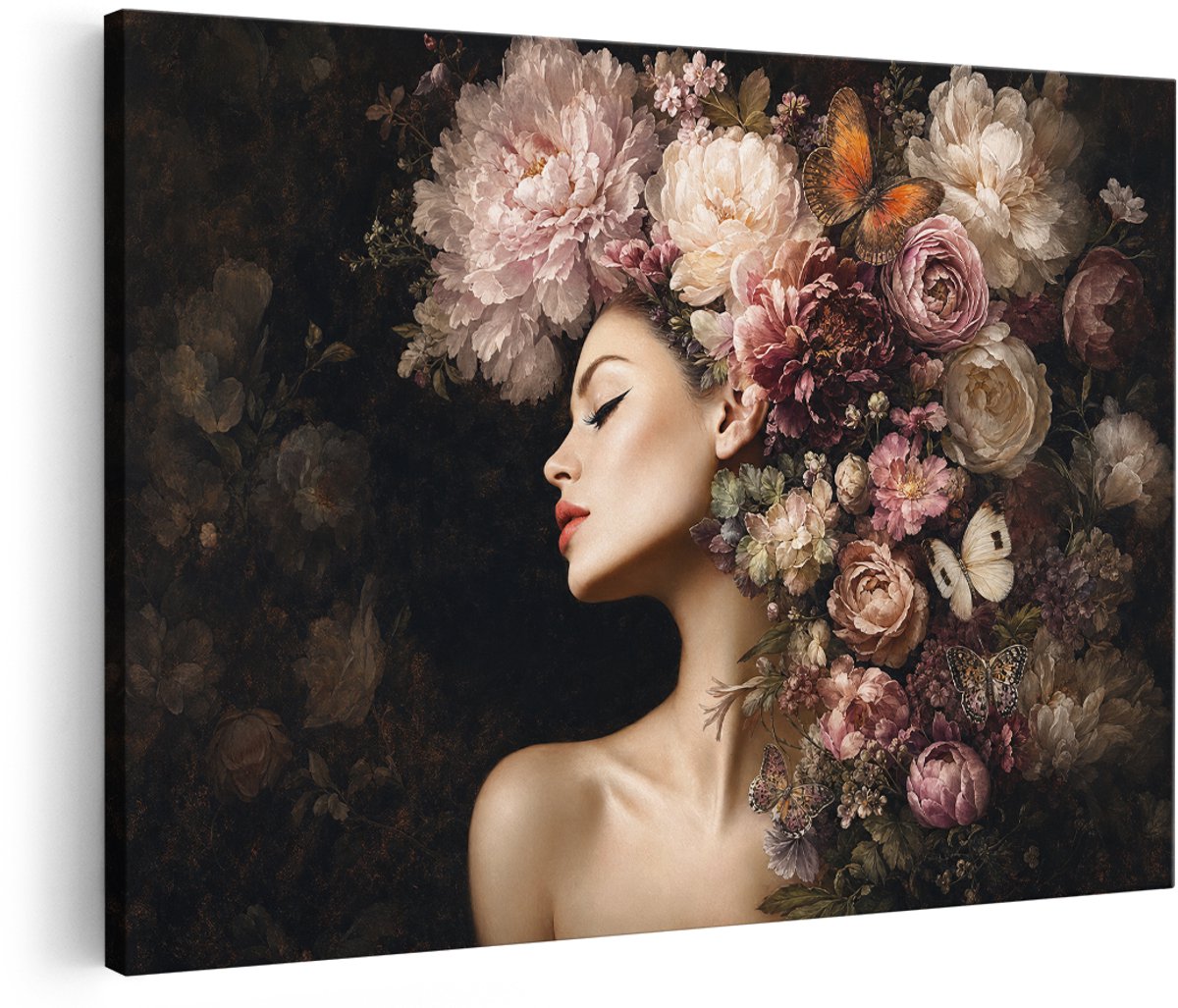 Artaza Canvas Schilderij Vrouw Met Bloemenhoed - Bloemen Portret - 180x120 cm - Groot - Wanddecoratie Woonkamer - Schilderijen - Muurdecoratie