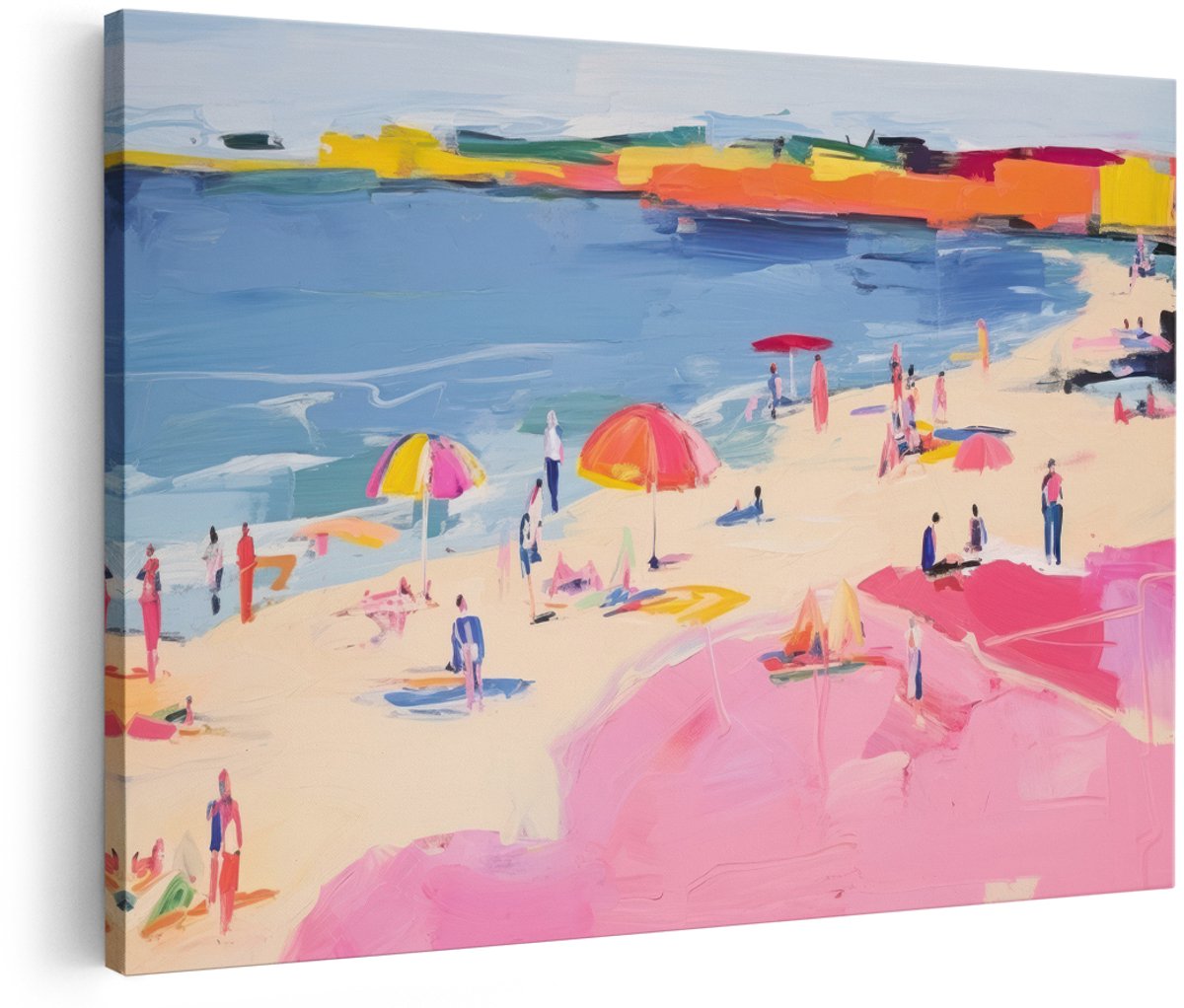 Artaza Canvas Schilderij Strand - 180x120 cm - Groot - Wanddecoratie Zee - Muurdecoratie Kleurrijk Landschap - Decoratie Woonkamer Parasols