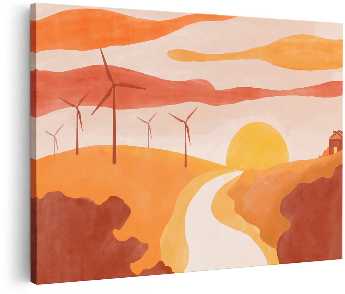 Artaza Canvas Schilderij Zonsopgang - 180x120 cm - Groot - Wanddecoratie Boho Landschap - Muurdecoratie Abstract - Decoratie Windturbines